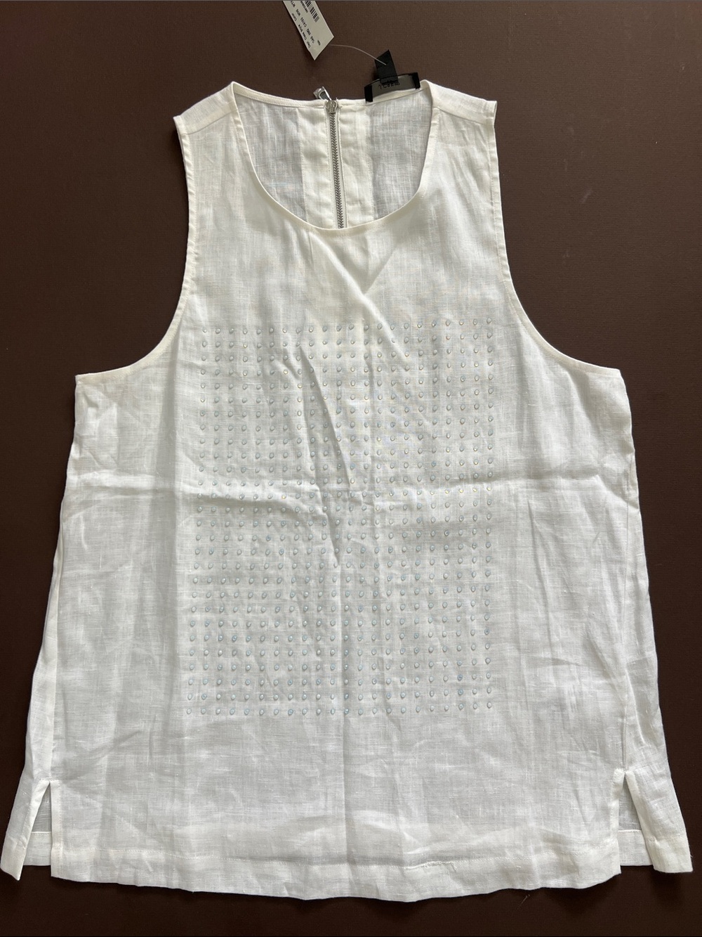 J. Crew White Linen Sleeveless Top with Front Zip and Beaded Embellishment